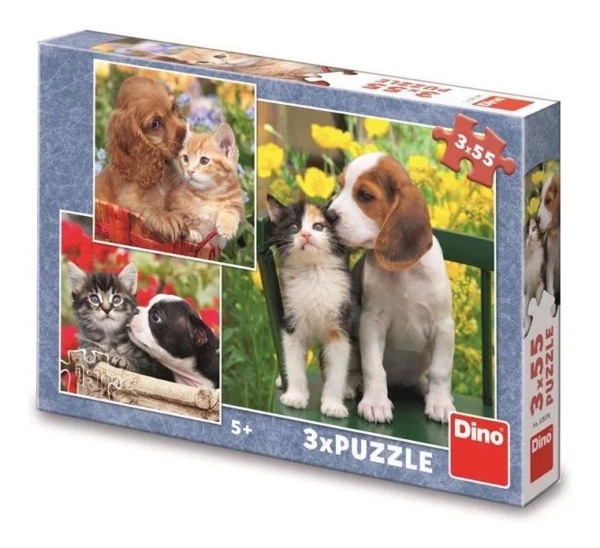 Dino Puzzel - Kat en Hond - 3 x 55 Stukjes
