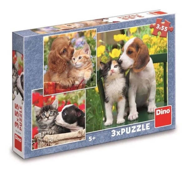 Dino Puzzel - Kat en Hond - 3 x 55 Stukjes